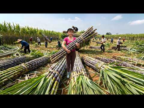 Cosechando Más de 100 Cañas de Azúcar – ¡Camión de 3 Ruedas Totalmente Cargado Rumbo al Mercado! 🚛🌿