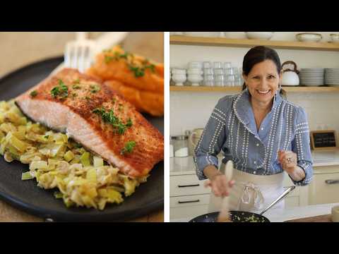 Pan-Seared Salmon with Creamy Leeks and Sweet Potato Puree