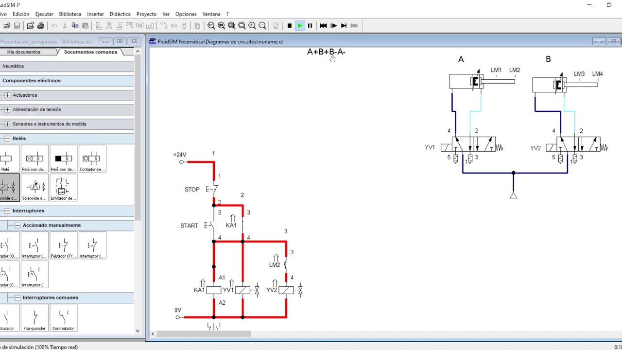 Circuito de secuancia de pistones A+B+B-A- FluidSim