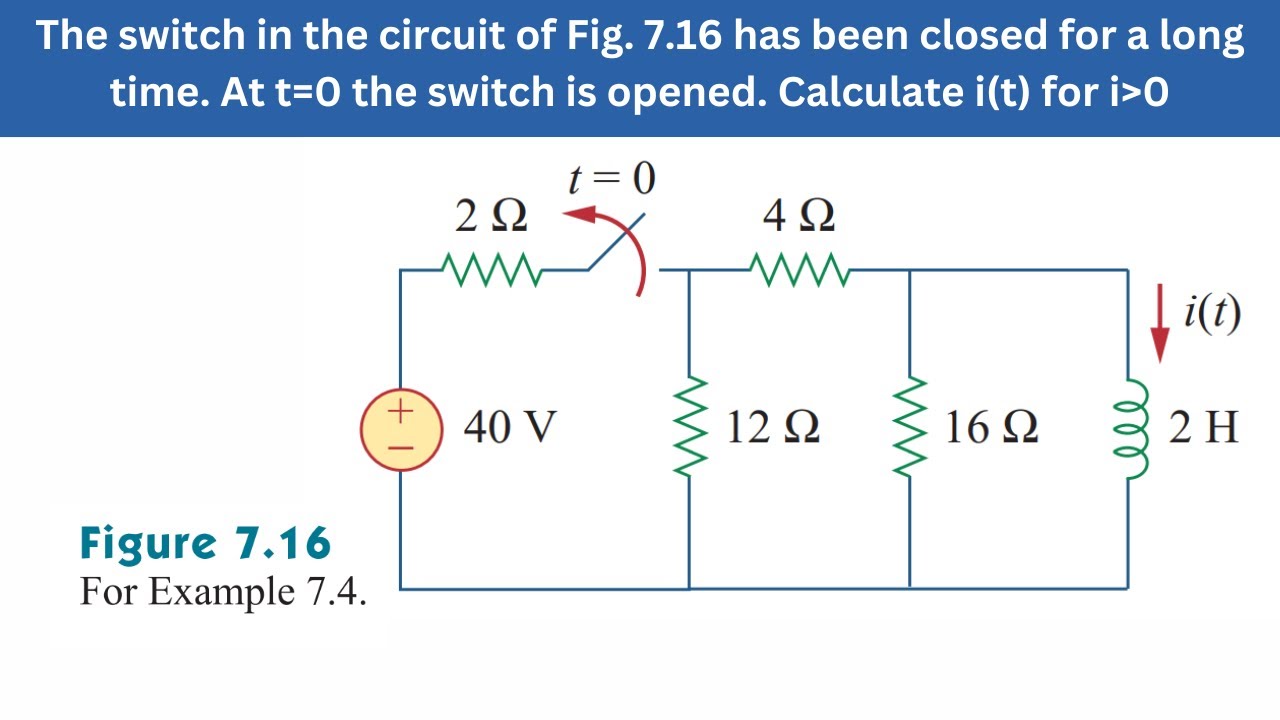 Example 7.4 | Fig. 7.16 At t=0 the switch is opened. Calculate i(t) | FEC 4th Edition