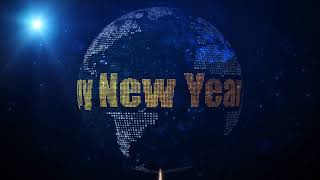 Happy New Year 2020 Greeting On Square Shines Dotted Globe Earth World Map Blue Background