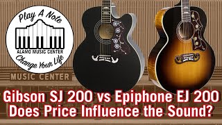 Video thumbnail for Gibson SJ 200 vs Epiphone EJ 200 - Does $5249 Sound Better Than $459? - Acoustic Guitar Comparison by Alamo Music Center