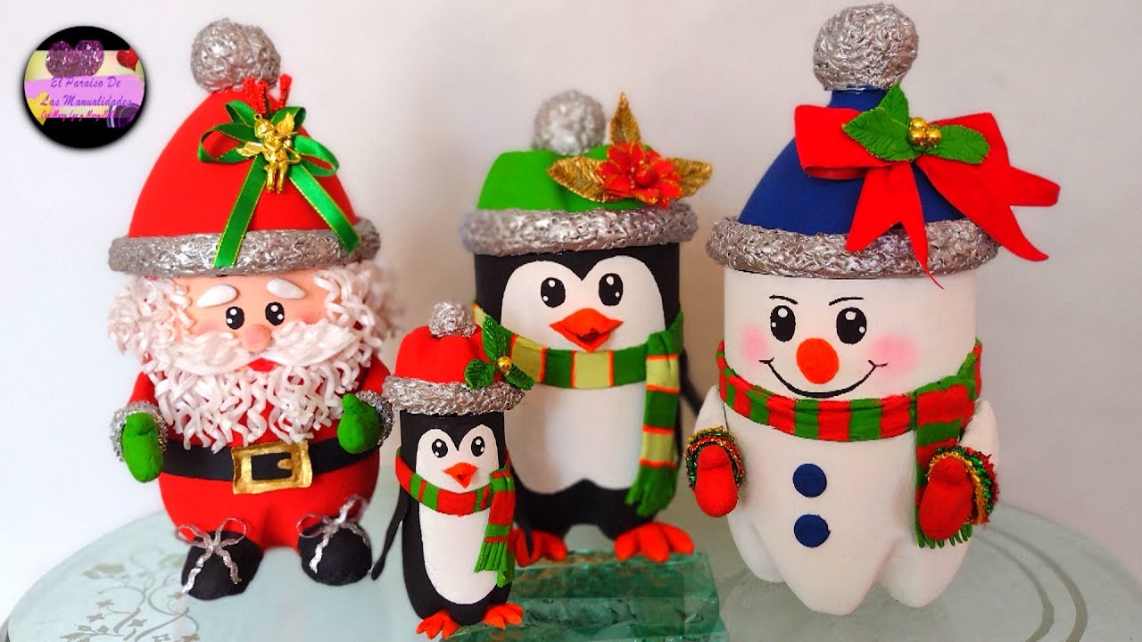 Diy dulceros navideños en forma de pingüinos solo con botellas plásticas y material reciclado