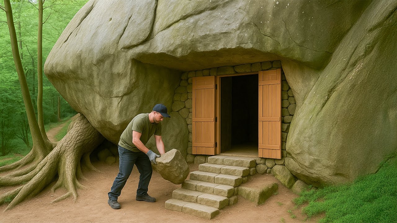 I Built a Hidden  Forest  Shelter Underground | 20 Days to Build a Stone House