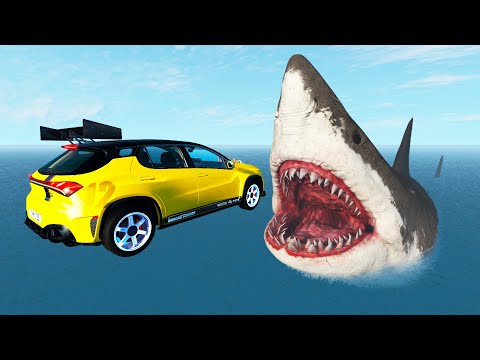 BeamNG.drive - Cars Jumping into Mouth of Hungry Scary Shark
