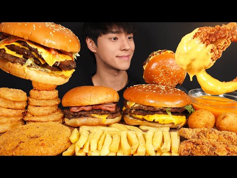ASMR MUKBANG TRIPLE CHEESE BURGER & BACON CHEESE BURGER & HOT CHEESE RING & ONION RINGS & FRIES