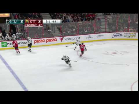 Brent Burns and Bobby Ryan get hit by the puck seconds apart; both yell "Aw, Fuck!"