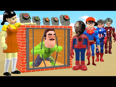 Scary Teacher 3D vs Squid Game Become Superhero Nick Hulk Escape from prison cell 5 Times Challenge