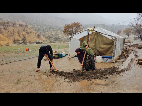 Nomadic Life in the Mountains | Heavy Rain & Storm as Mahmoud Helps Dawood Save His House