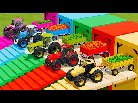 DEUTZ FAHR vs LAMBORGHINI vs JOHN DERRE vs CLAAS TRACTORS BATTLE WITH WATERMELONES & ORANGES - FS 22