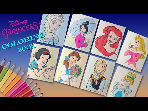 Disney Princess Coloring Book Elsa Ariel Cinderella Belle Snow White Jasmine Anna Mulan Aurora Video