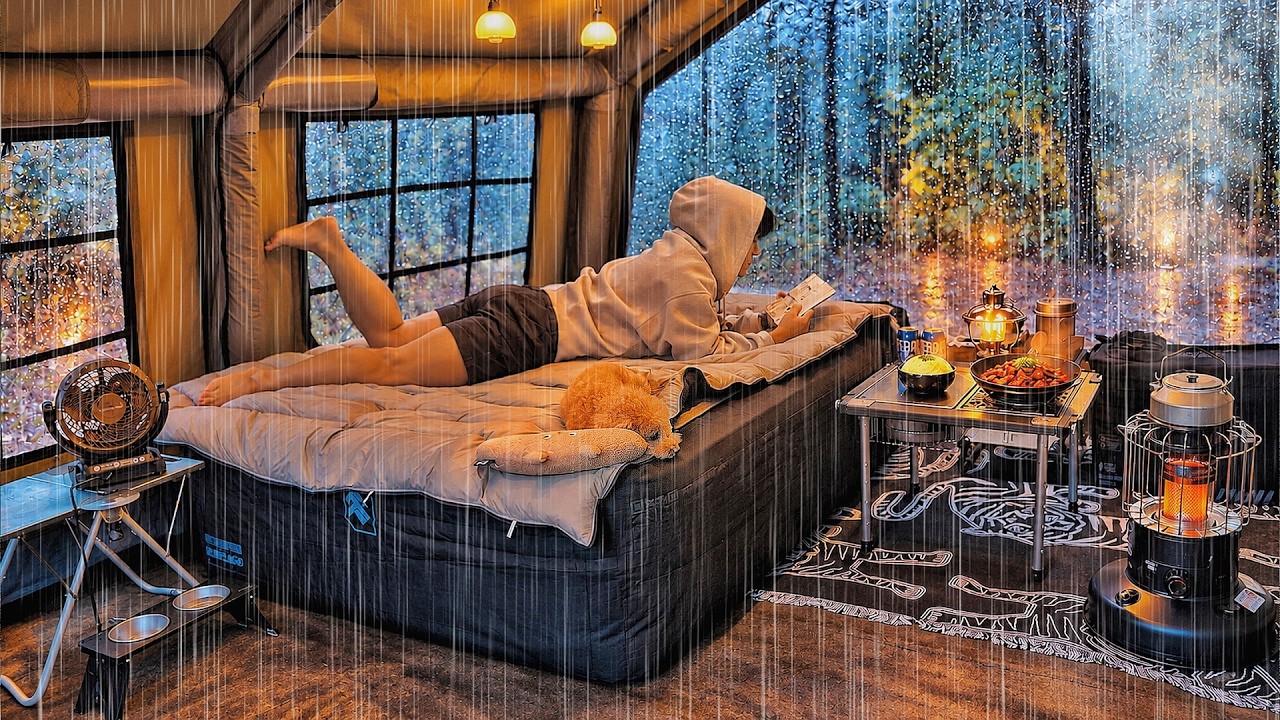 Heavy Rain Camping with My Dog in a Luxury Inflatable Tent ASMR