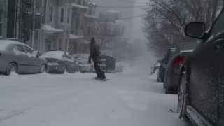 Snowboarding G Street in Southie
