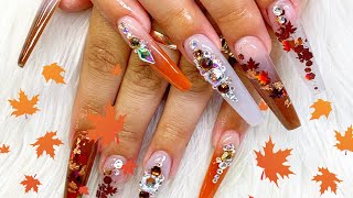 Glitter leaf fall nails | Coffin shaped | color acrylics