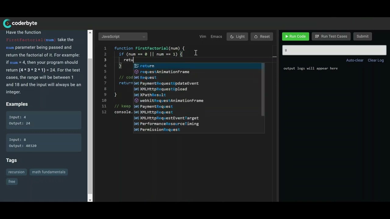 Factorial in JavaScript - CoderByte