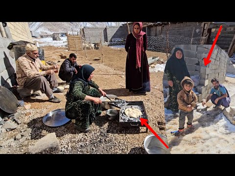 A hearty breakfast in Zahra's nomadic family with the hands of artist Zahra in snowy weather