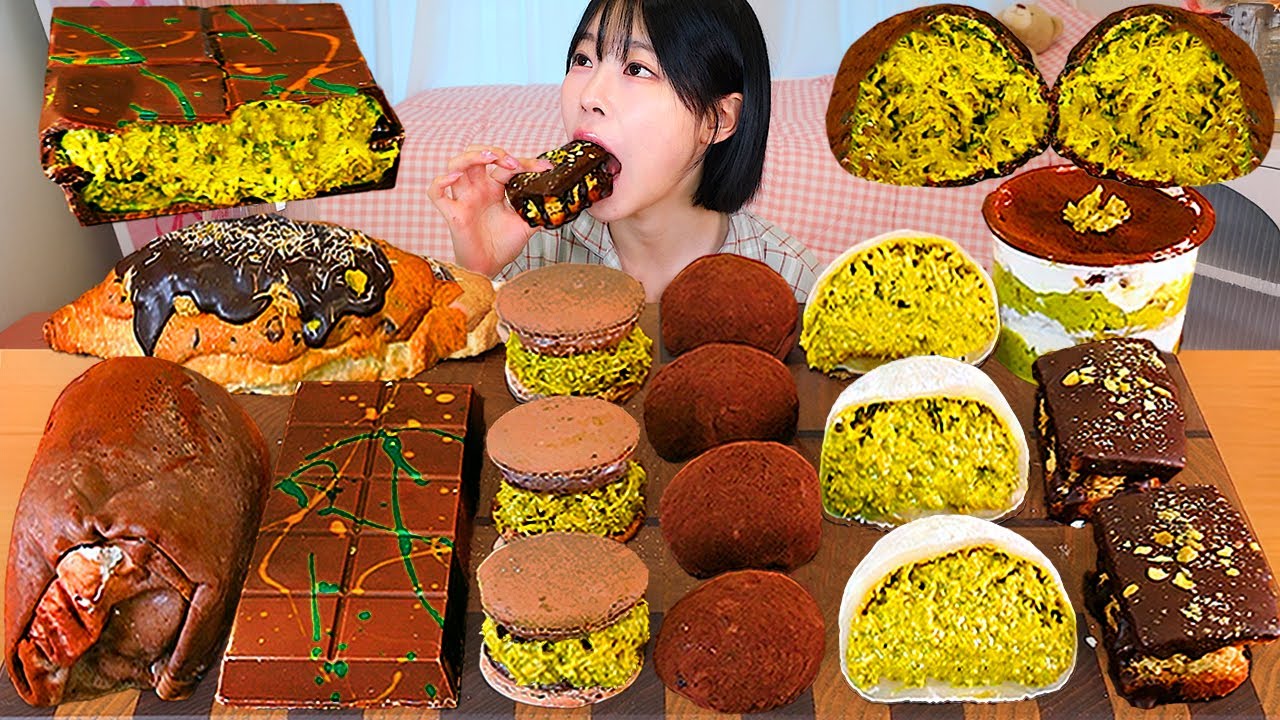 ASMR MUKBANG| 두바이 초콜릿 디저트 쫀득쿠키 마카롱 케이크 먹방 & 레시피 DUBAI CHOCOLATE DESSERT MACARON CAKE EATING