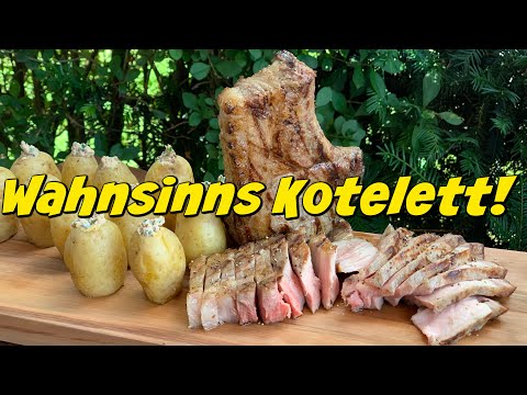 Dry aged Kotelett vom Kräuterschwein mit gefüllten Kartoffeln