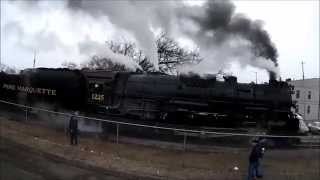 preview picture of video 'Pere Marquette 1225 in Owosso Michigan. North Pole Express 2014.  Polar Express. Aerial Video.'