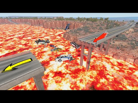 Cars vs Broken Bridge | Cars crossing Lava River - BeamNG.Drive