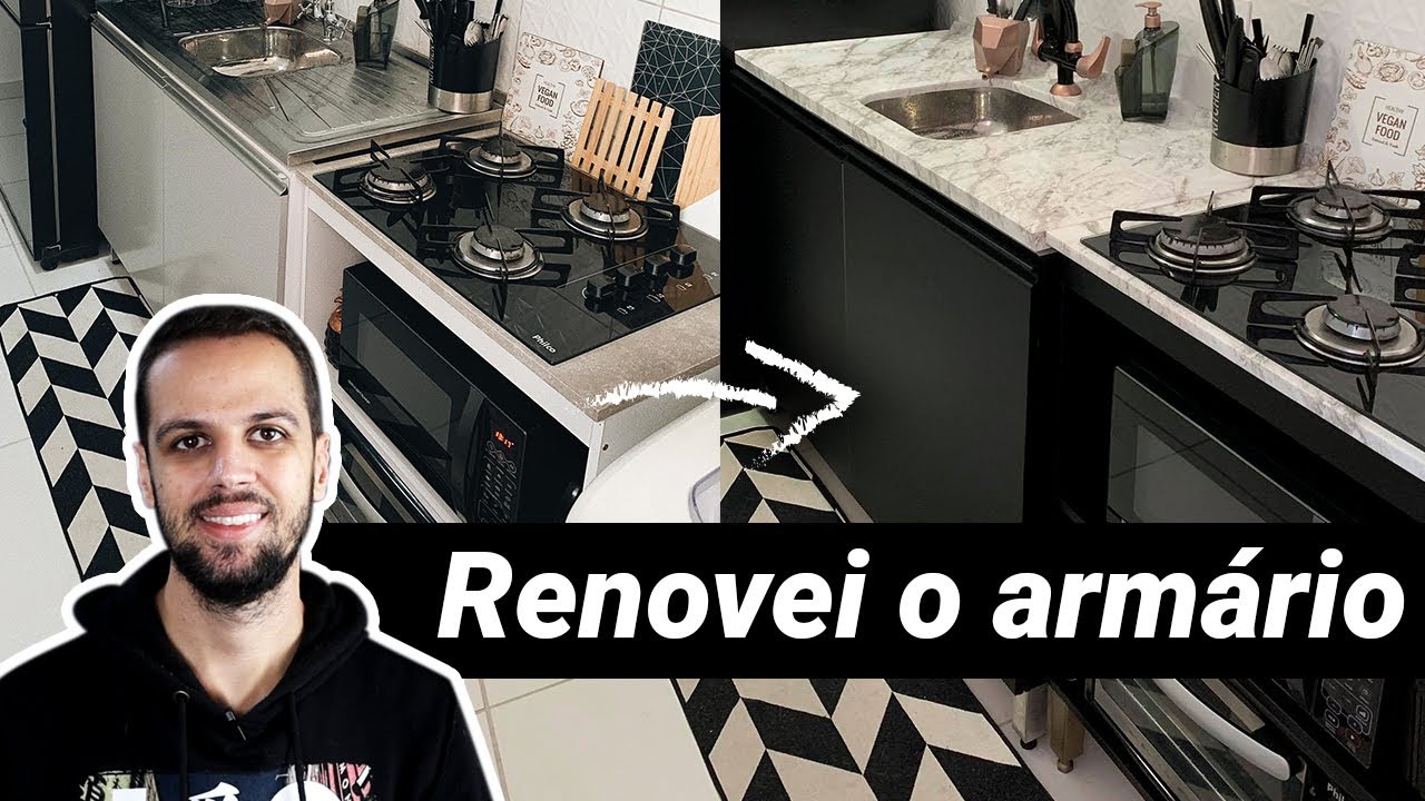 DIY | Reforma da cozinha | Adesivei os armários | Pintei os puxadores