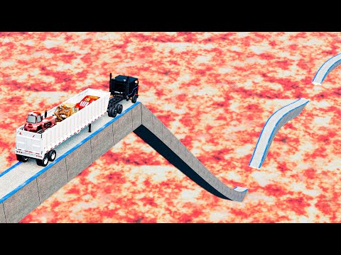 Trucks vs Impossible Wave Bridge Crossing Cars vs Lava Crosses Road - BeamNG drive