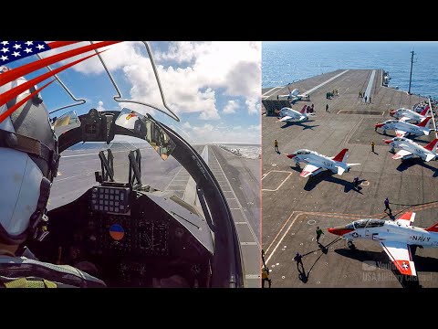 Epische Cockpit-Ansichten: T-45-Trainingsjets Starten und Landen auf einem Flugzeugträger