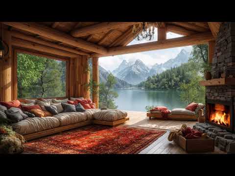 Soothing Jazz at Cozy Spring Morning Cabin Hut Ambience ☀️ Relaxing Jazz, Crackling Fireplace Sounds