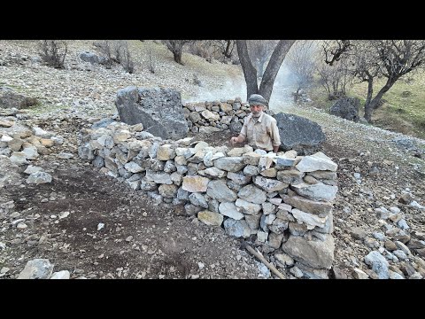 nomadic Life: Jahangir Effort to Build Sheep Shelter Walls with Natural Stone in the Wild Mountains