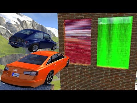 Crazy Vehicle High Speed Jumping Through Red Laser Wall Or Green Water Wall - BeamNG drive Epic