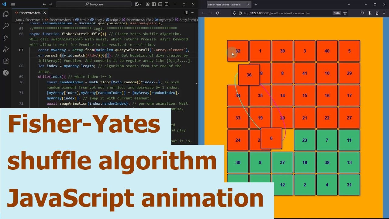Fisher-Yates shuffle algorithm. JavaScript animation.