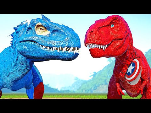 Captain America Indominus Rex Vs Tyrannosaurus Vs Spinosaurus Jurassic World Evolution Fight