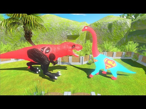 DEADPOOL T-REX VS SUPERMAN BRACHIOSAURUS DEATH RUN | Animal Revolt Battle Simulator