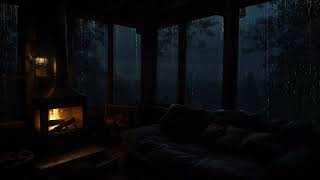 Quiet Cabin at Night with Rain & Fireplace Sounds | Cozy Sleeping Ambience