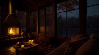 Warm Fireplace On A Rainy Autumn Night | Forest Ambience For Deep Sleep And Stress Relief
