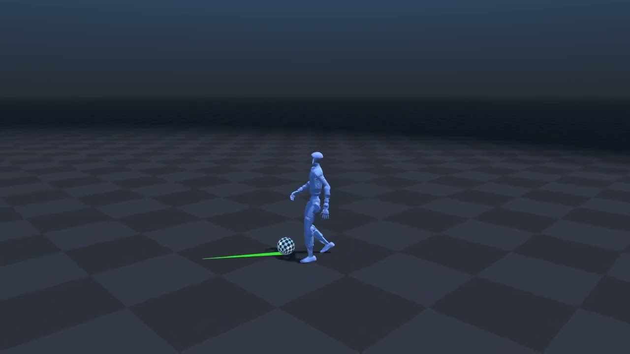 Unitree G1 dribbling a ball along a commanded velocity in simulation