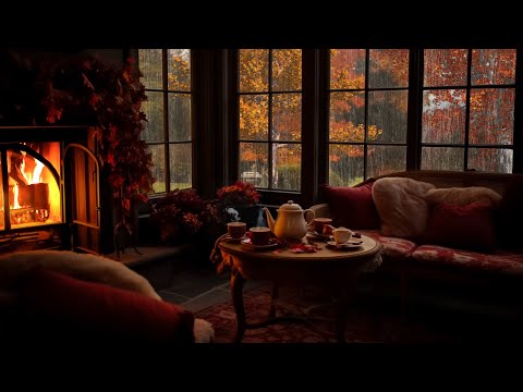 A Rainy Autumn Day with a Crackling Fireplace in a Cozy Room - Effective Relaxing Sounds