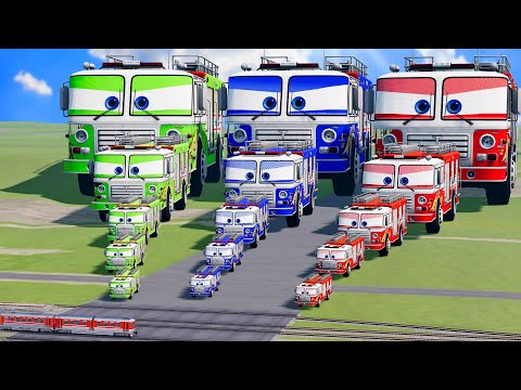 Big & Small Red Fire Truck Mcqueen vs Blue Fire Truck Mcqueen vs Green Fire Truck Mcqueen vs Trains