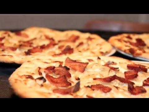 French Tarte Flambée / Alsace Flammkuchen w. Bacon & Onion - Crispy French Pizza - Recipe # 104