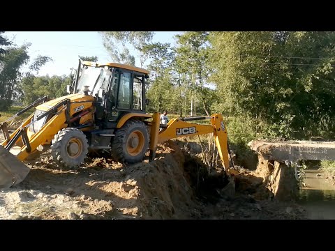 JCB Backhoe Machine Working For New Bridge Construction//JCB Breaking Old Bridge Wall - JCB VIDEO
