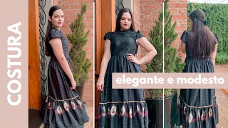 COMO COSTURAR VESTIDO LONGO COM MANGA COPINHO - passo a passo de costura -vestido elegante e modesto