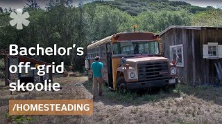 School bus renovated as bachelor's off-grid tiny home