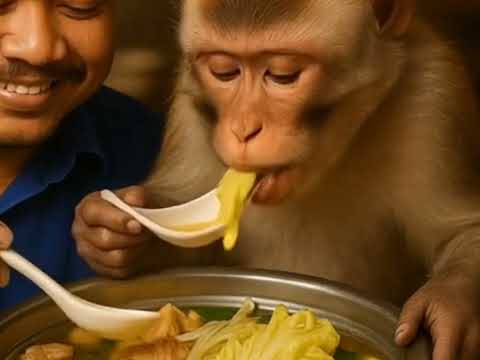 The man eating soup with monkey