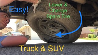 EASY! Lower & Change SPARE TIRE: Most trucks Silverado, GMC, Sierra, Tahoe, Yukon