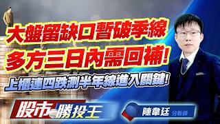 大盤留缺口暫破季線多方三日內需回補 ! 上櫃連四跌測半年線進入關鍵 ! #台積電 #台達電 #鴻海 #光寶科 #聯發科 #聯電 ｜股市勝投王｜陳韋廷 (圖)