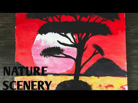 A Beautiful scenery || How to paint sun and tree || scenery of Nature ||painting ||