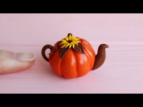 Miniature pumpkin teapot. 1:12 scale. Polymer clay. Tutorial. DIY. Миниатюрный чайник-тыква.