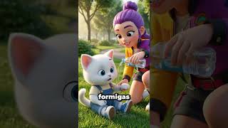 O gatinho fofo deu água para as formigas