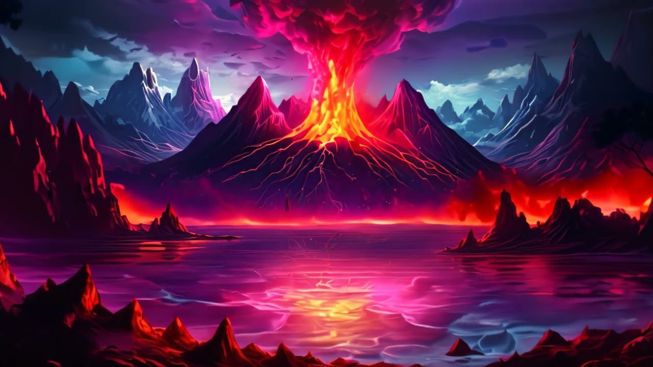 Fantasy landscape with volcano, lake and planet. Vector illustration, Night