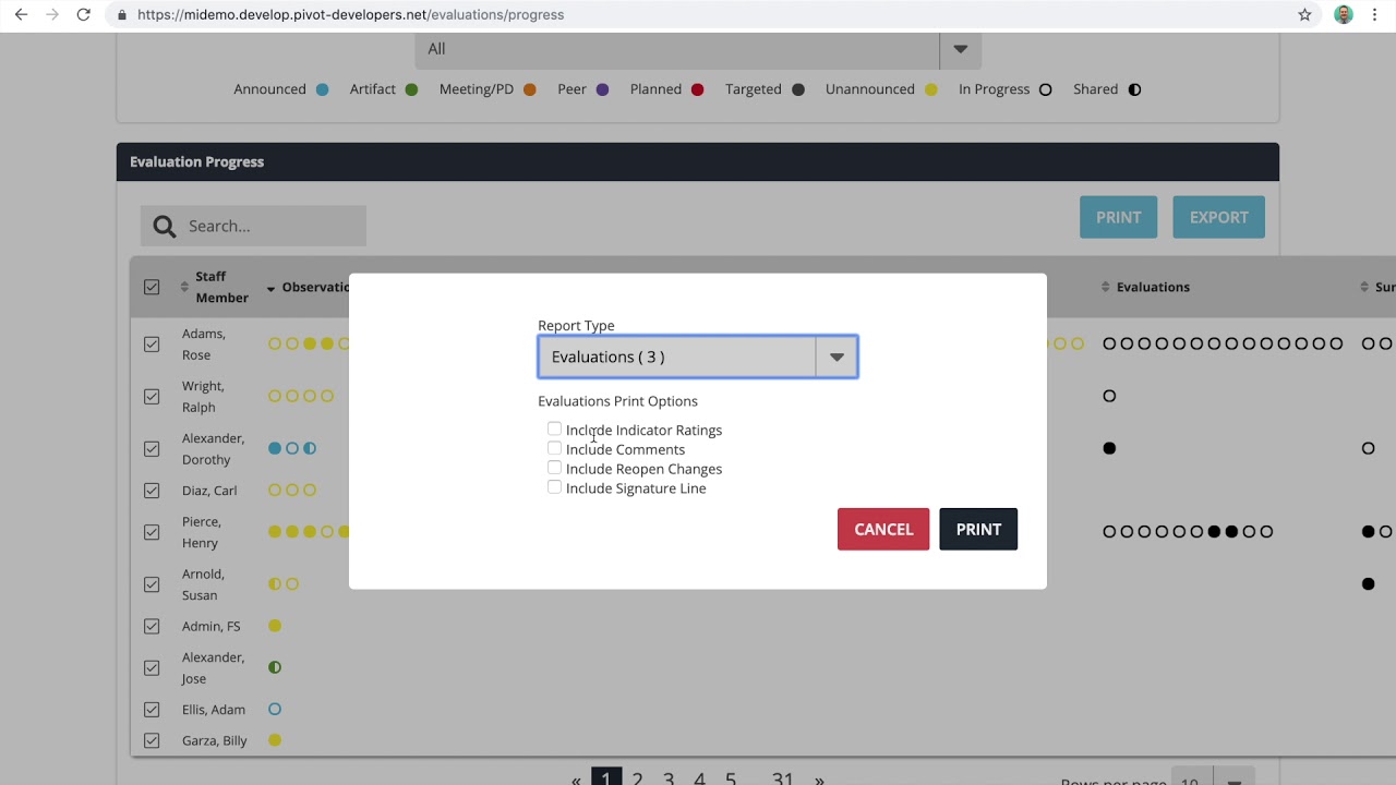 Printing Pivot Evaluation Documents